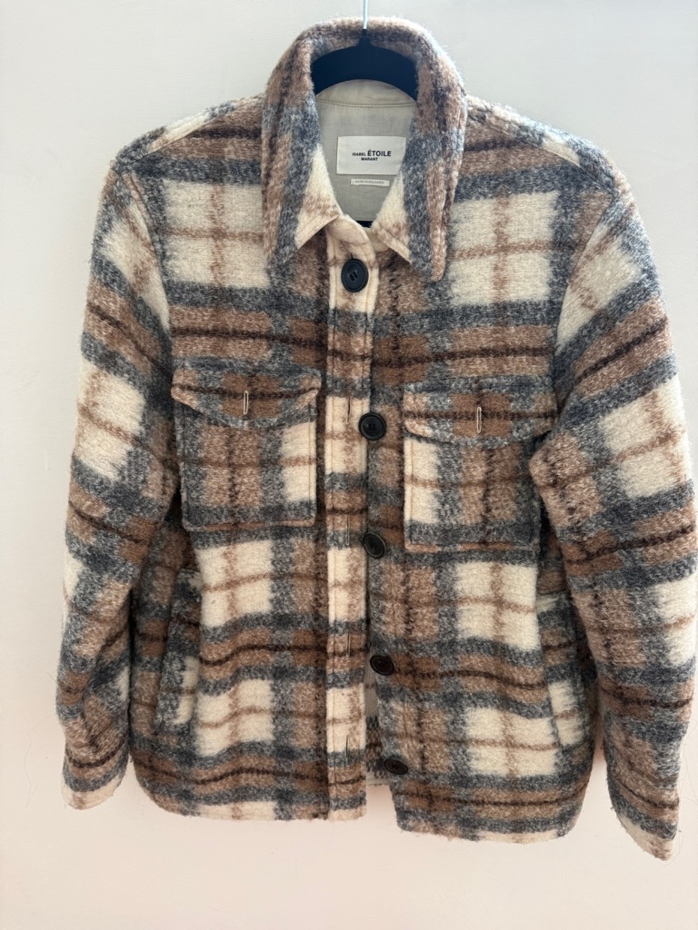 Isabel Marant Étoile Plaid Wool Shacket - Cream, Brown & Gray- size 34